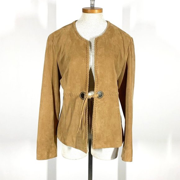 Michael Kors Tan Suede Leather Jacket Women’s Sz L Fringe - Picture 1 of 11